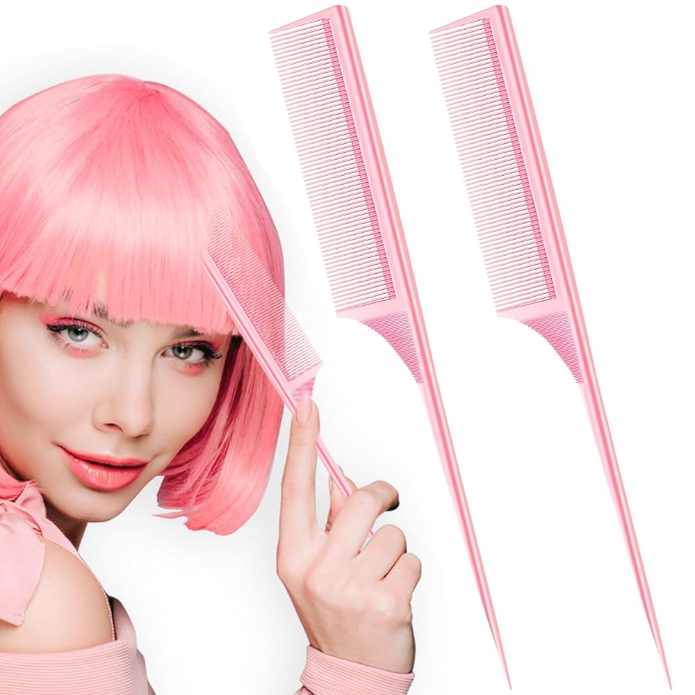 2 Pack Rat Tail Combs for Women Fine Tooth Comb Parting Tip Carbon Fiber Root Teasing Anti Static Heat Resistant Adding Volume Evening Hair Styling (Pink)