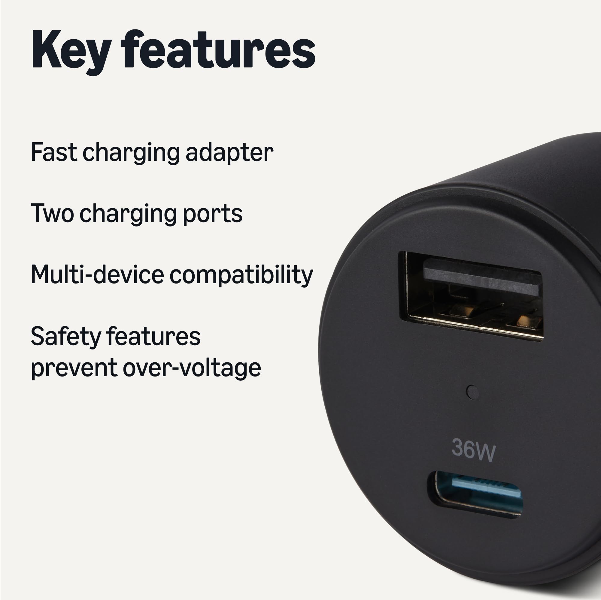 Amazon Basics Fast-Charging Car Charger, Dual-Port, 1 USB-C + 1 USB-A, 48W, Black - 2