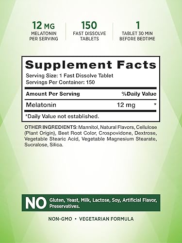 Miniatura 2 de Tabletas de melatonina  12 mg  150 unidades  Vitaminas de disolución rápida  Suplemento sin OMG y sin gluten para adultos  Sabor natural a bayas