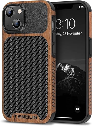 Miniatura 8 de TENDLIN Compatible con iPhone 14 Pro Funda de grano de madera con textura de fibra de carbono, diseño híbrido de cuero, funda delgada negra