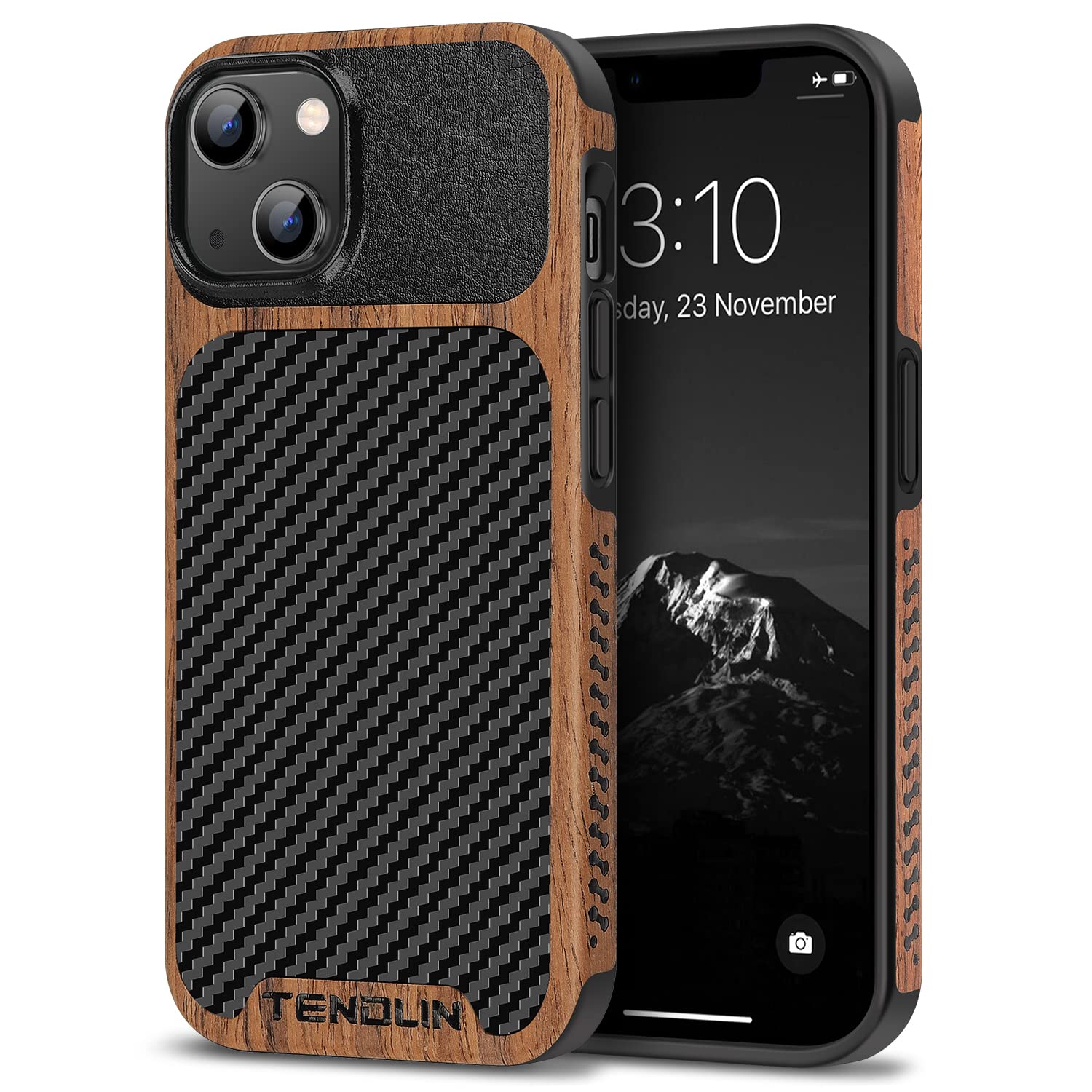 TENDLIN Compatible with iPhone 14 Plus Case Wood Grain with Carbon Fiber Texture Design Leather Hybrid Slim Case Black