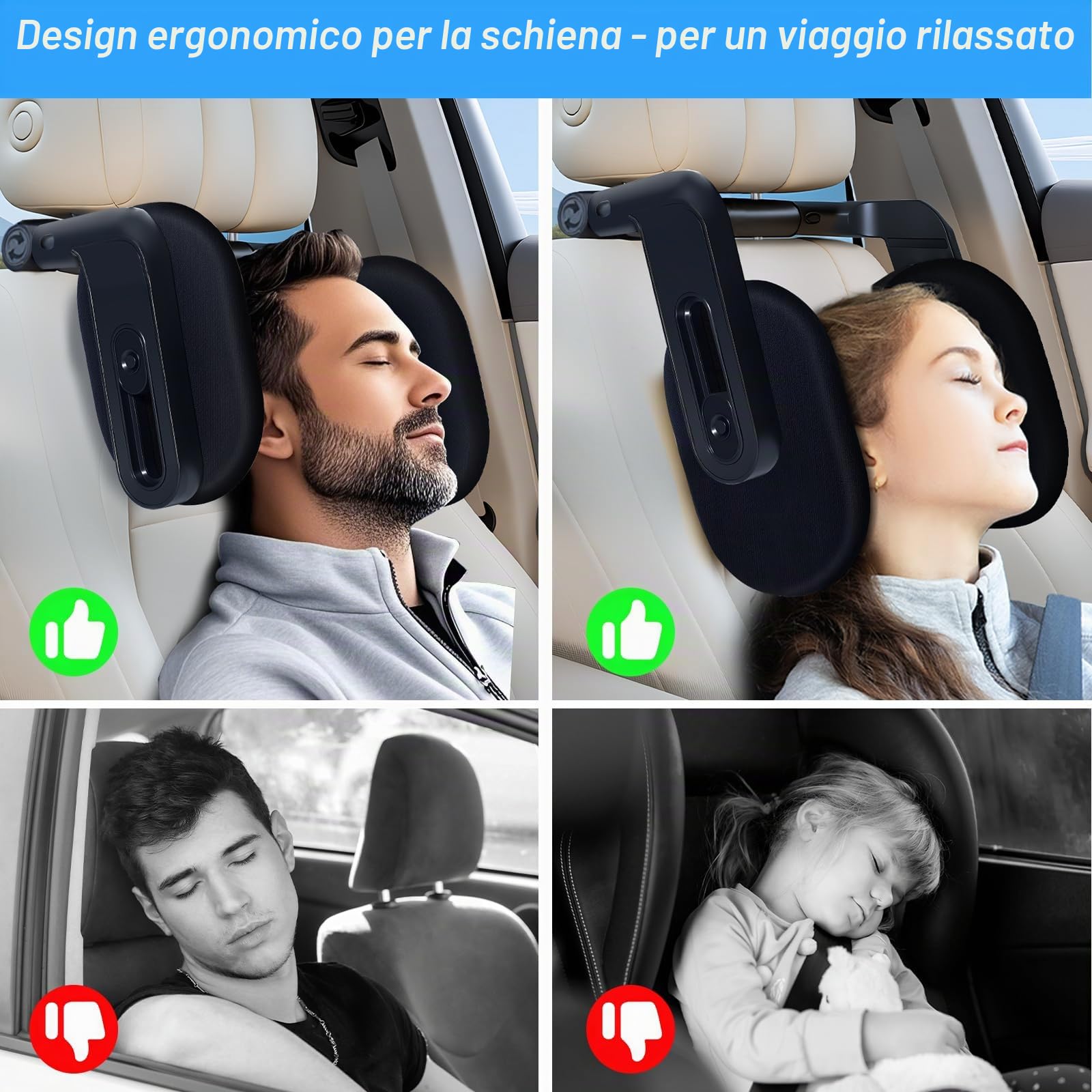 Poggiatesta Auto Bambini & Adulti | Poggia Testa Girevole 360° 2025 | Cuscino Memory Foam | Meccanismo 3 Punti | Per Dormire in Macchina (Nero/confezione da 1)