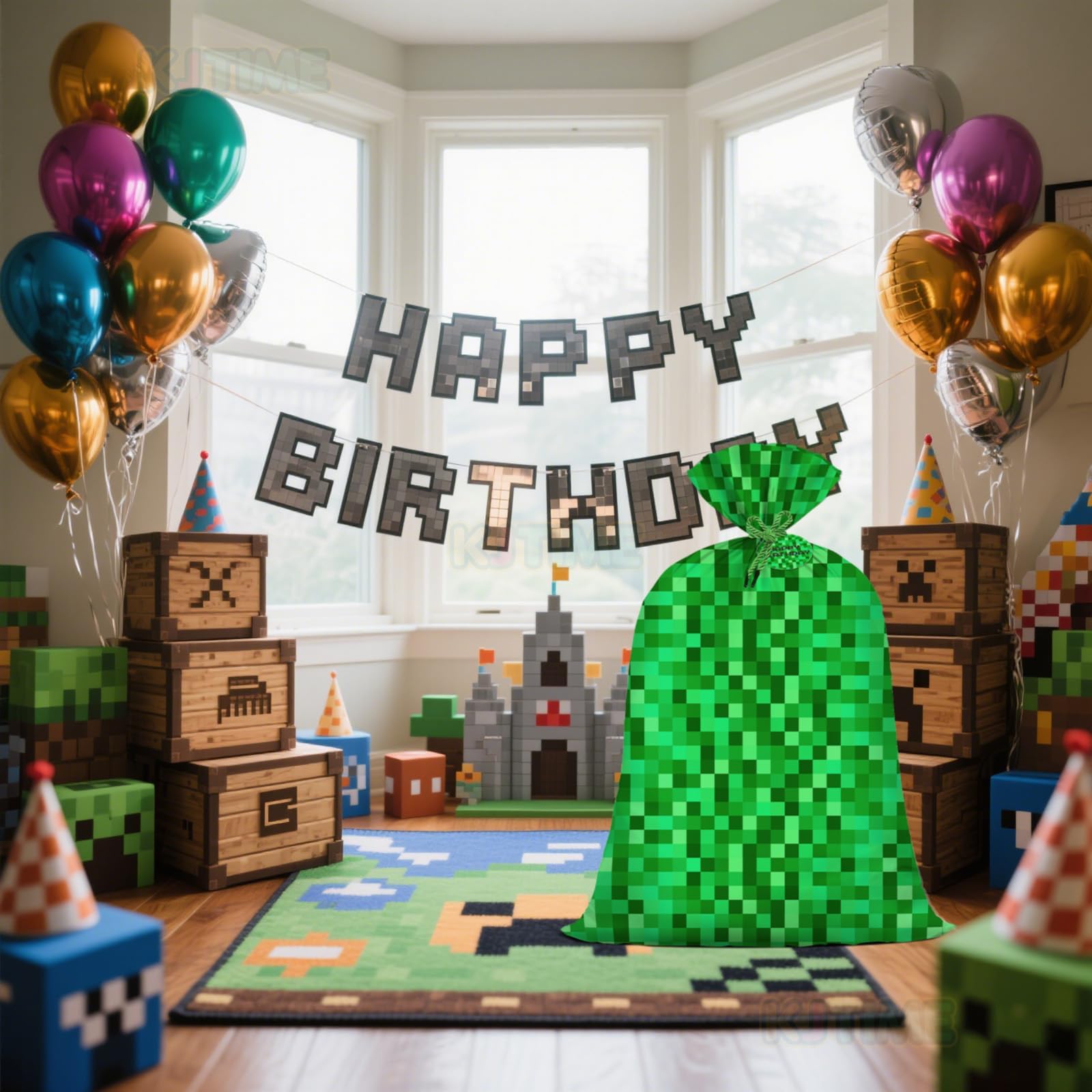 Jumbo Large Plastic Gift Bag Green Pixel Party Favor Bags for Boys 56''x36'' Video Game Kids Birthday Decorations Miner Theme Christmas Party Supplies