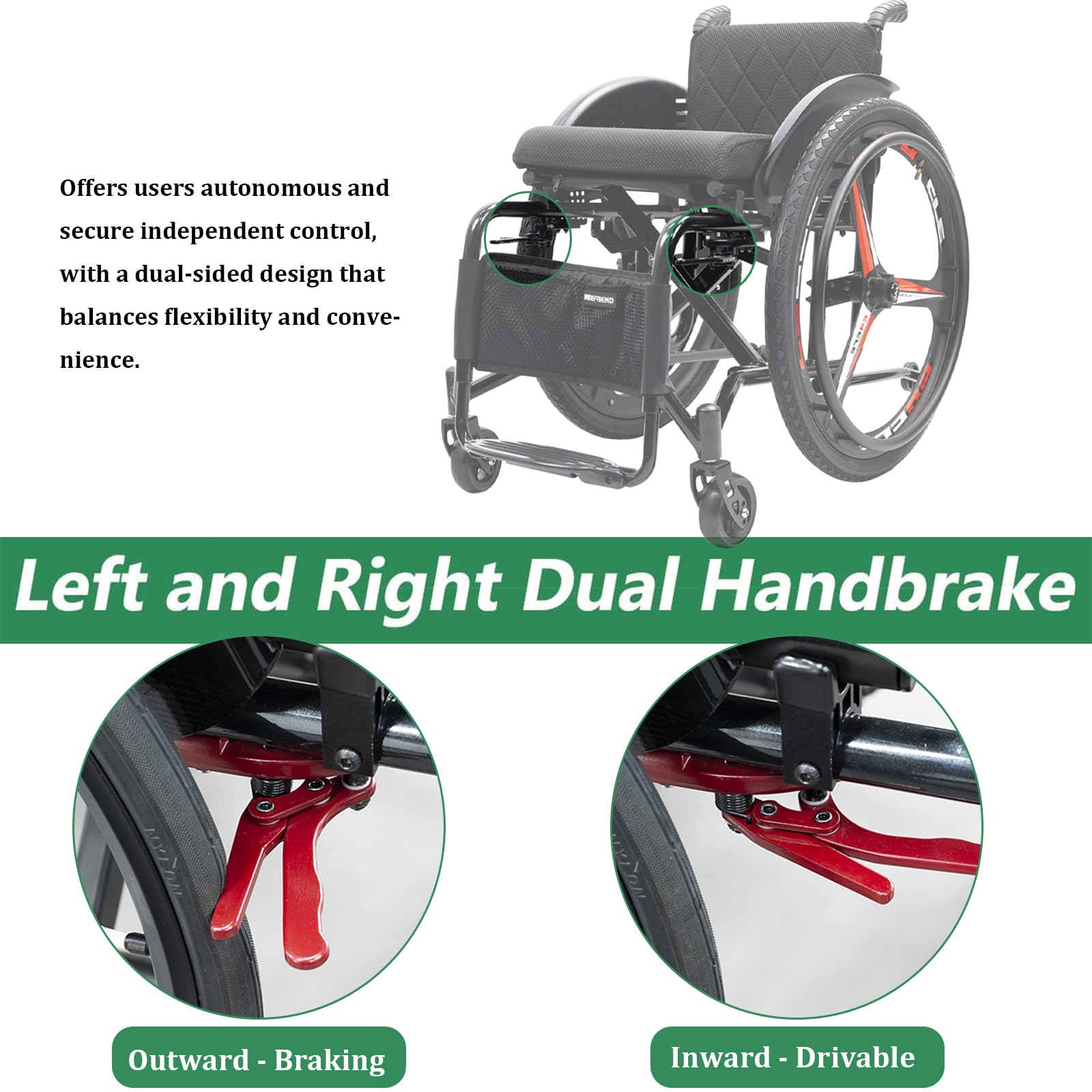 Carrozzina Pieghevole in Alluminio, Autospinta, Ruote antiribaltamento, Freni a Mano, per disabili, Sedia a rotelle Super-Leggera da transito(14.9in Seat Width,Sports Style)