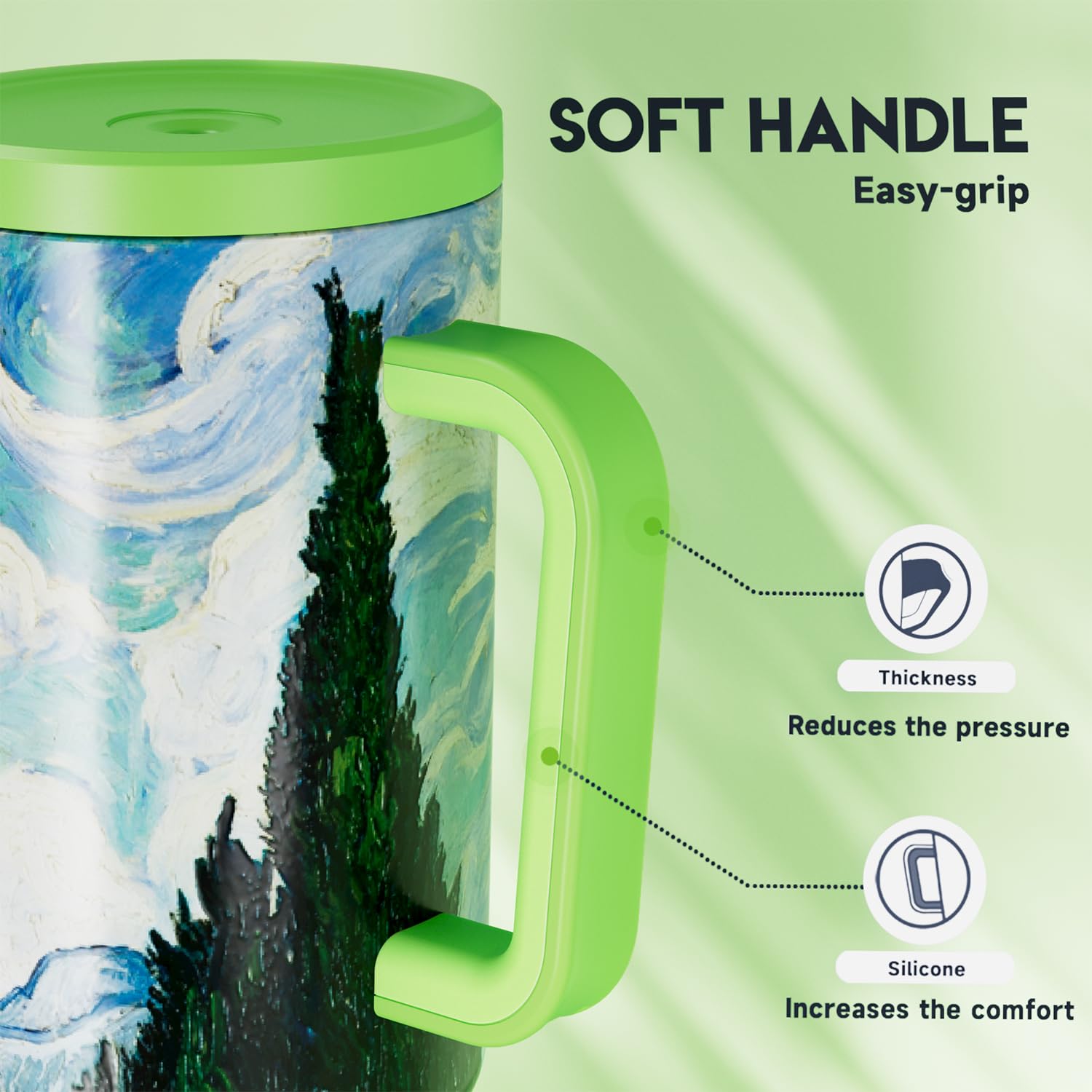Meoky Vaso de 40 onzas con asa y popote: vaso aislado de acero inoxidable con tapa y pajita, vaso 100% a prueba de fugas para portavasos de coche, viajeros, trabajadores de viaje, ciprés