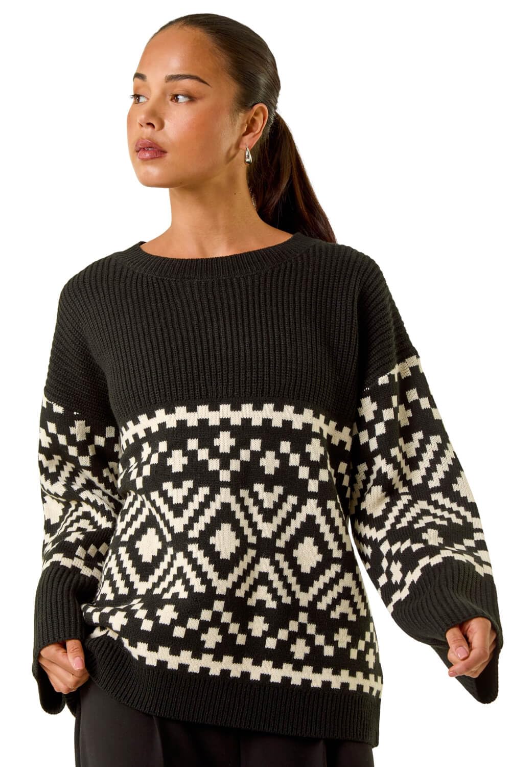 Roman Petite Women's Black Diamond Geometric Knit Jumper Size 14
