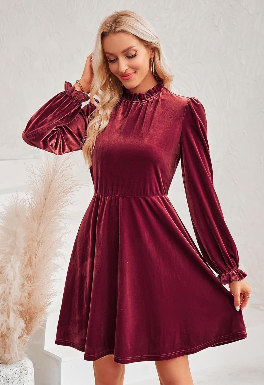 Jayscreate Women's 2023 Velvet Dress Elastic Waistline Fall Long Sleeve Wedding Guest Short Wrap Tunic Formal Dress - Image 3