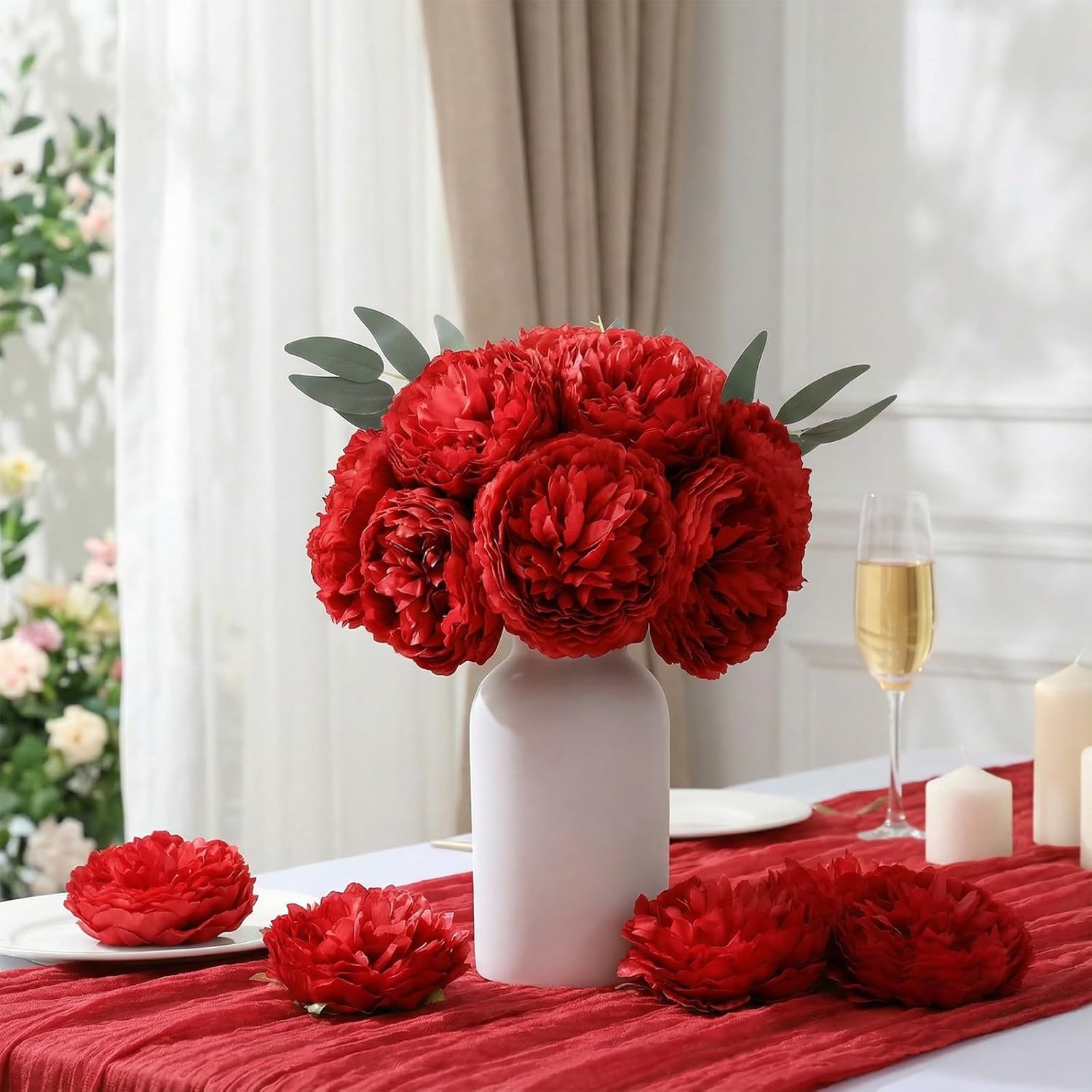 50 Pcs Artificial Peony Rose Flowers Heads 4.7 Inches Silk Fake Peony Head Flowers for Wedding Bridal Bouquet Home Floral DIY Centerpieces Tables Party Decorations (Red)