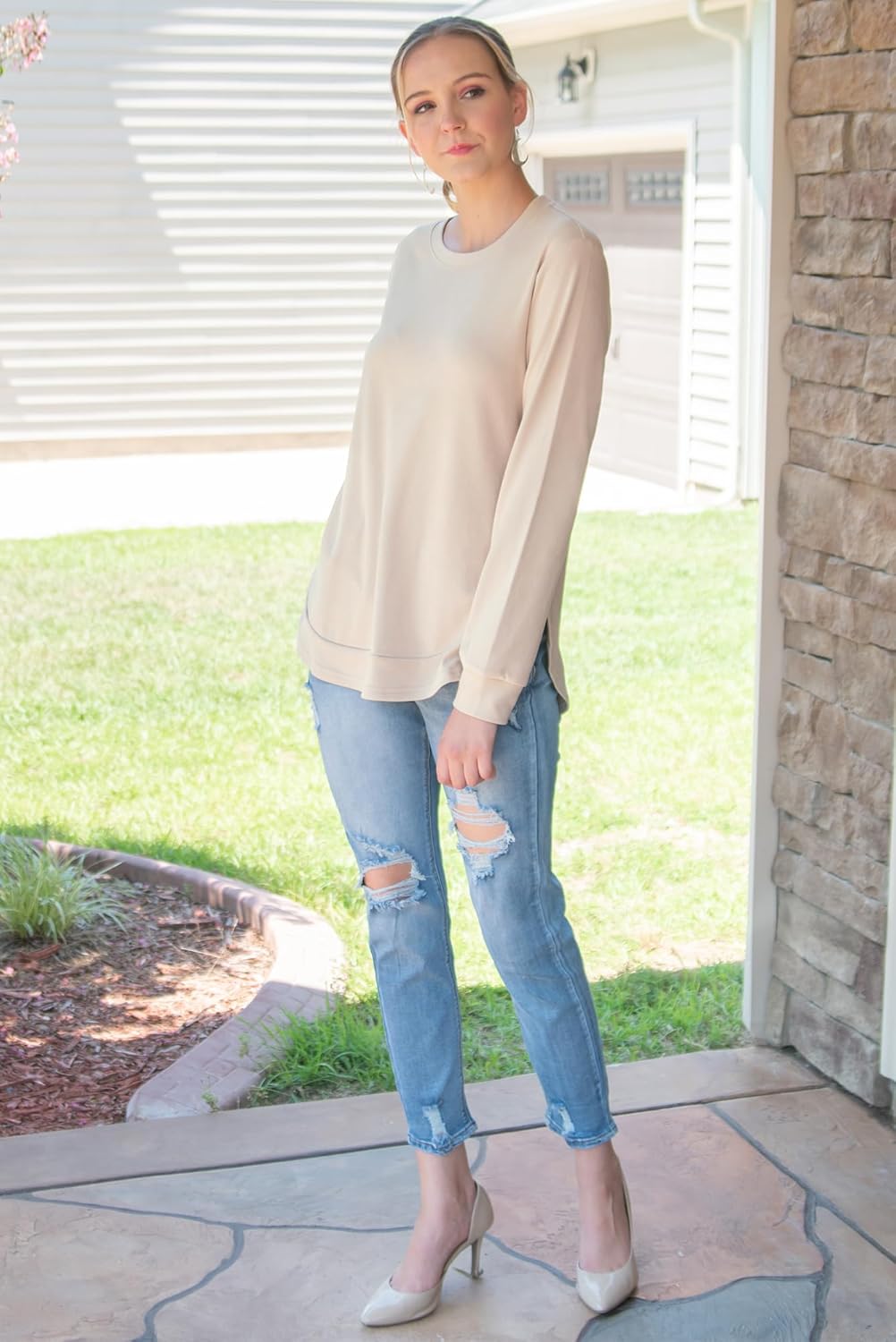 OFEEFAN Womens Sweatshirt Crewneck Long Sleeve Shirts High Low Tops Curved Hem - Image 2