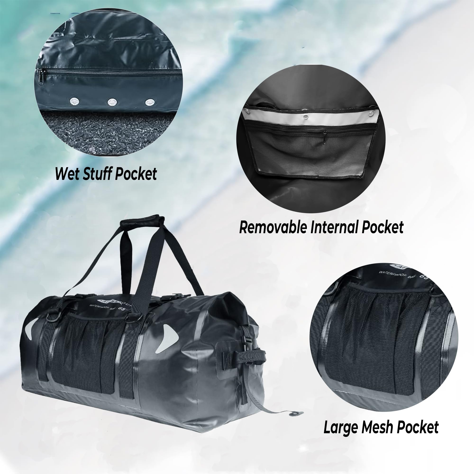 Bolsa seca impermeable de 65 L para motocicleta, bolsa seca de gran tamaño para hombres y mujeres, bolsa de lona impermeable con correa de hombro con hebilla para el hombro para navegación,