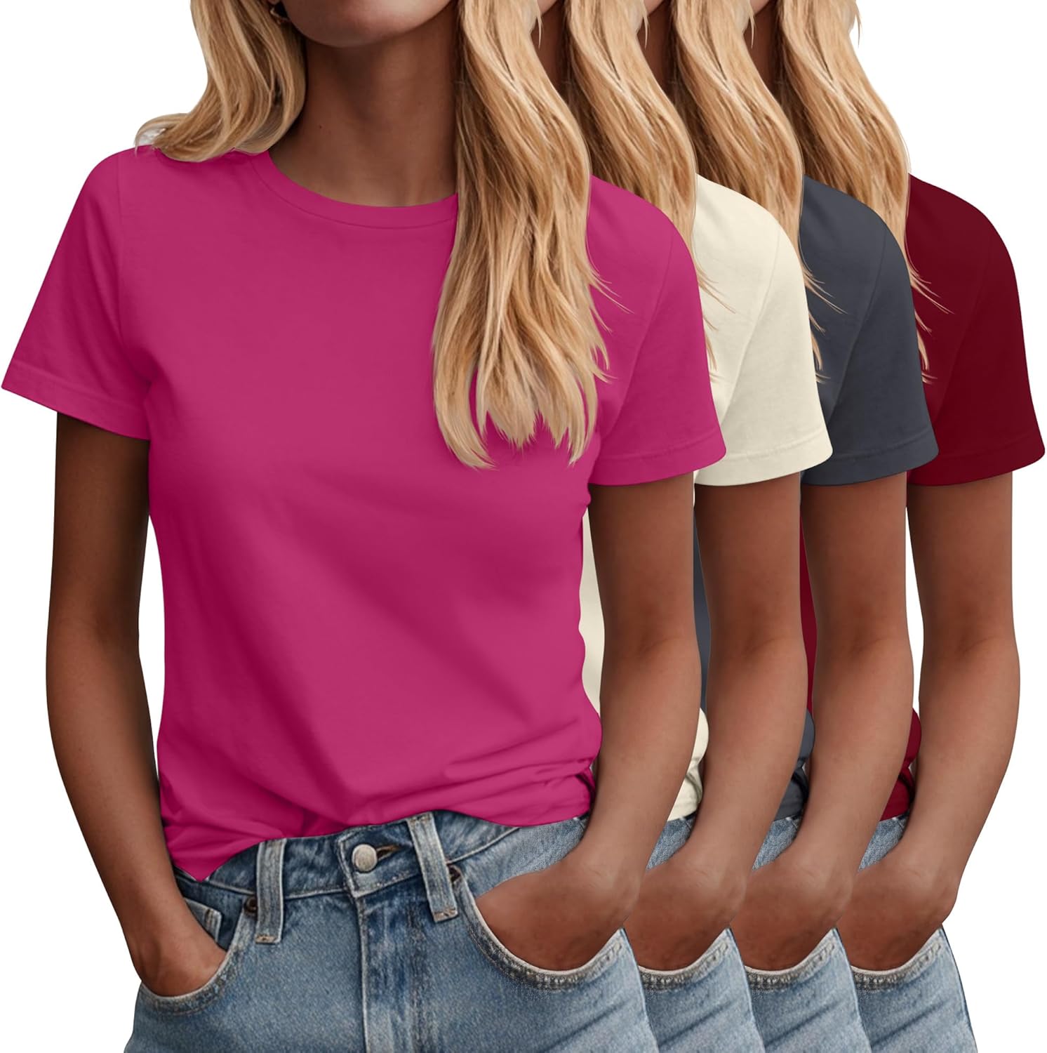 Neer 4 Pack Women's Crew Neck T Shirts Summer Short Sleeve Casual Basic Tops Loose Fit Flat Hem Tees