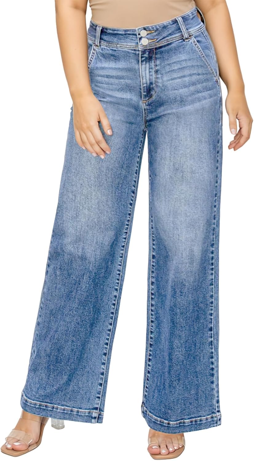 Eytino Women Plus Size Wide Leg Jeans High Waist Stretchy Straight Leg Jean Trendy Baggy Denim Pants with Pockets(1X-5X)