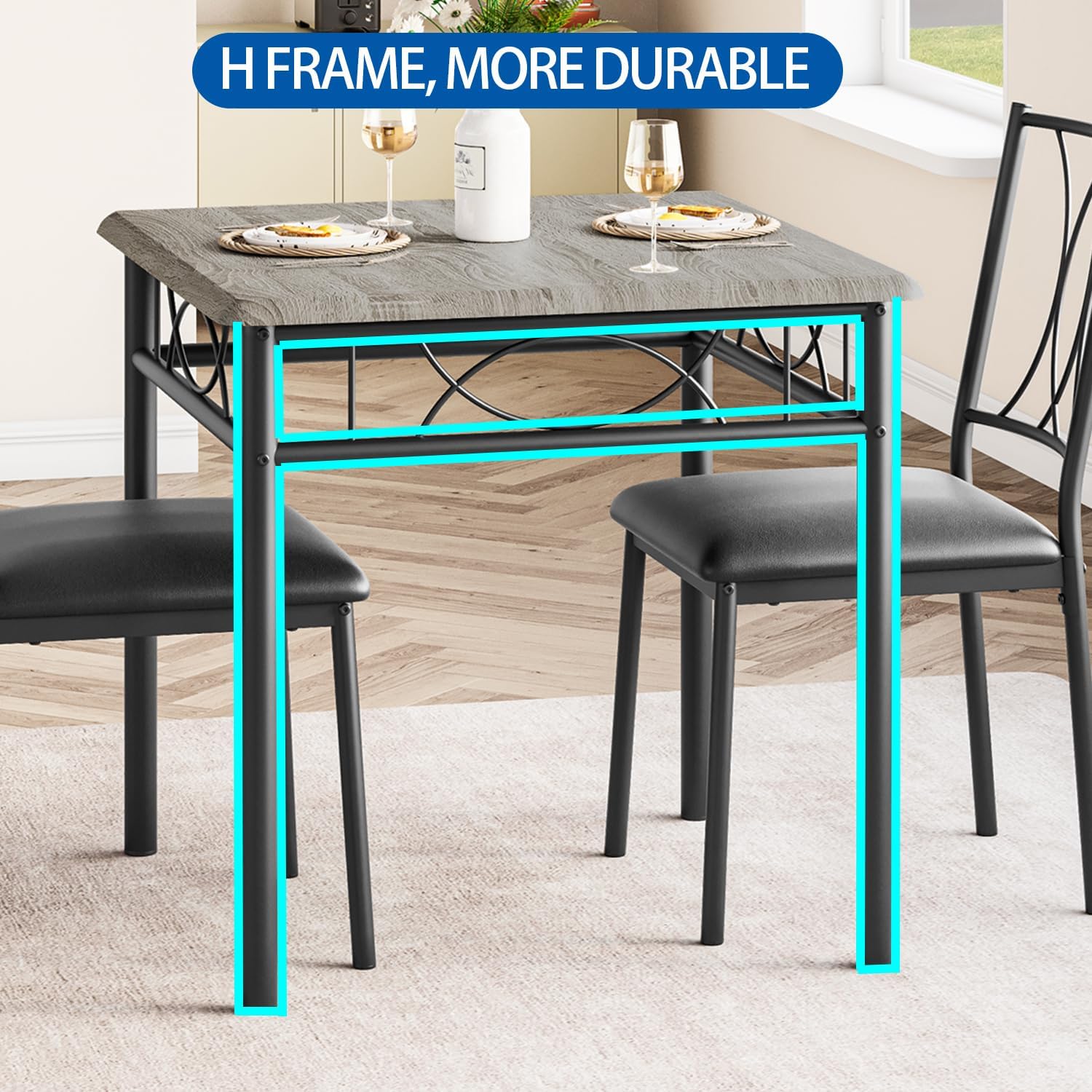 IDEALHOUSE Dining Table Set for 2, Square Dinner Table Sets with 2 Upholstered Chairs, Small Kitchen Table and Chairs for 2, Corner Dining Room Table Set for Apartment, Small Space, Dinner, Retro Gray