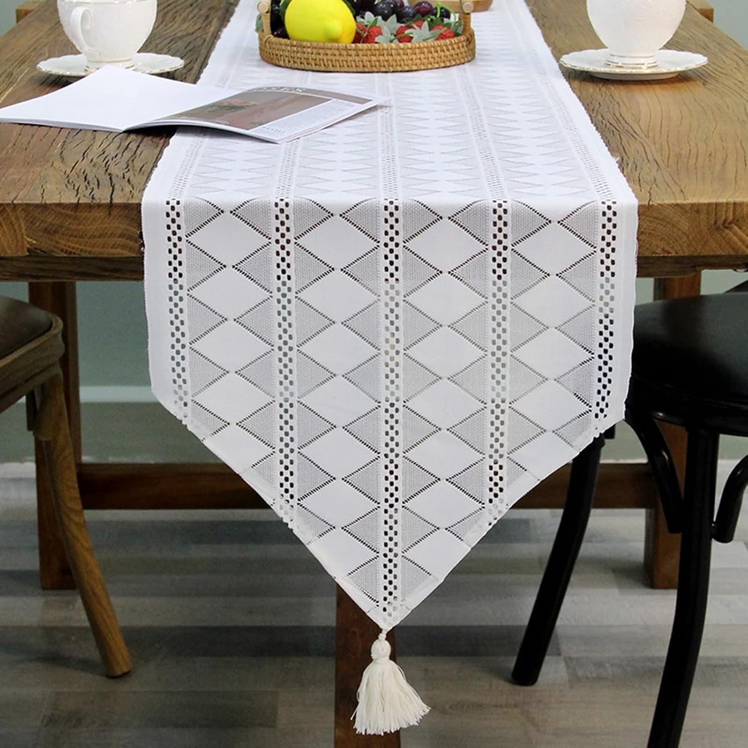 Table Runner Decorations,12" x 90",Lace with Geometric Polyester Table Runner Table Runner Decoration White