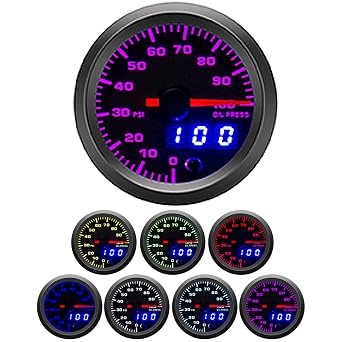 2-1/16" 52mm Oil Pressure Gauge Kit 7 Color 0 to 100 PSI Pointer & LED Digital Readouts Black Dial - Clear Lens Fit for 12V Cars Trucks
