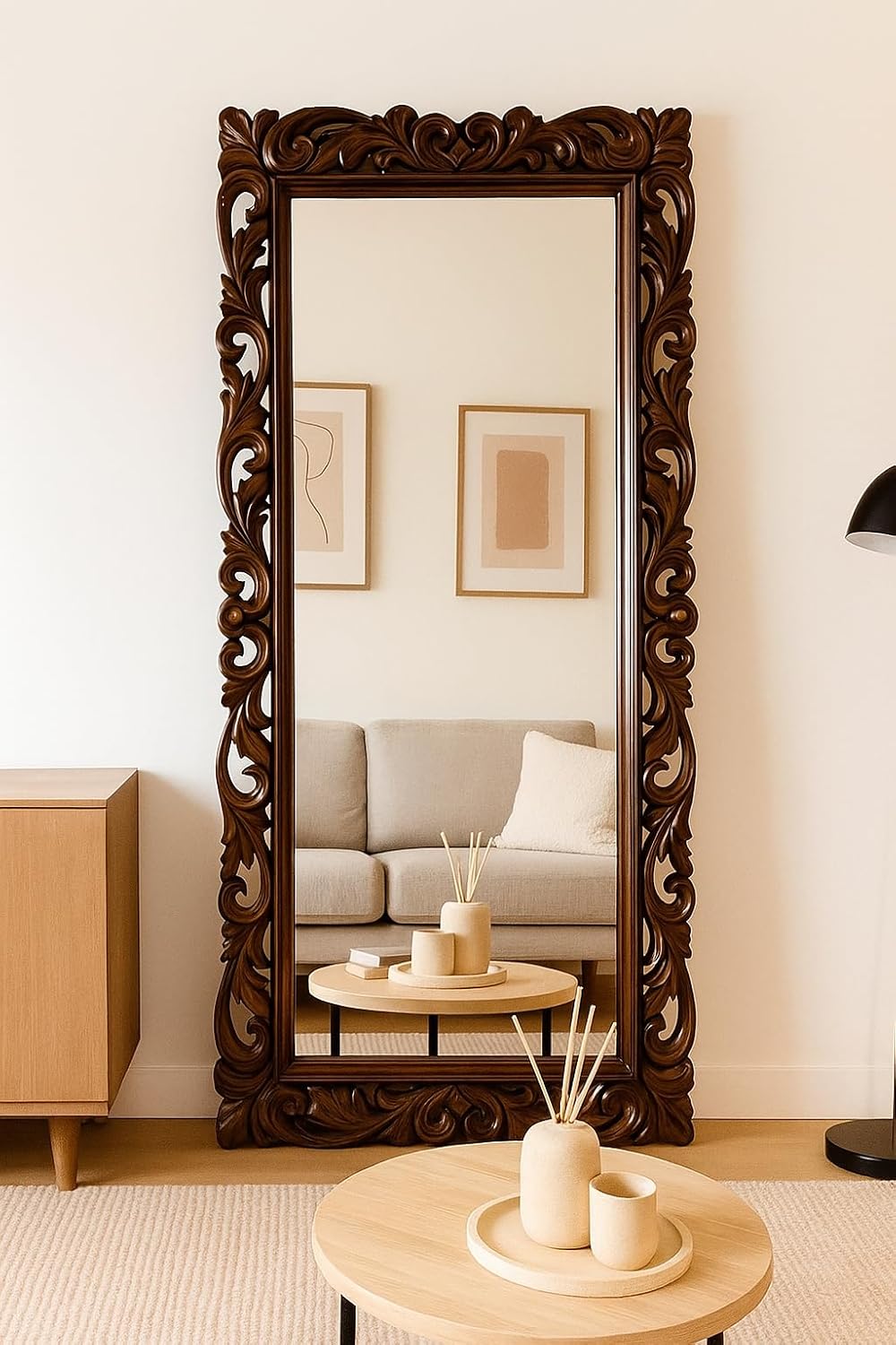 WOOD HOME DECORE Large Wooden Wall Mirror Frame with Integrated Carving Design, Brown, Wall-Mounted Mirror for Bedroom, Li... - Review, Price and Buying Guide