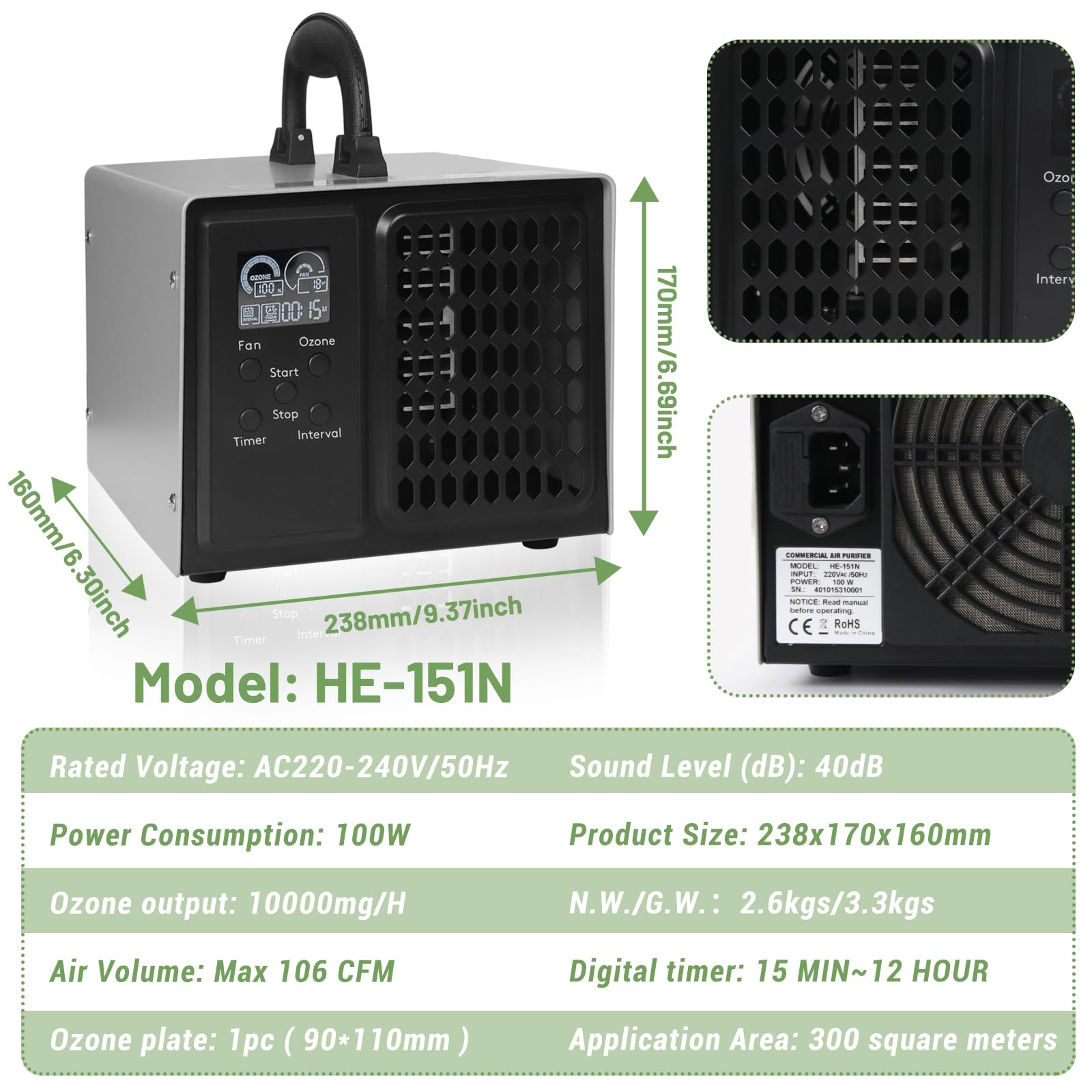 Ozongenerator 10000mg/h 12h Timer 5 Stufen Lüftergeschwindigkeit Industriell Tragbar Ozonmaschine