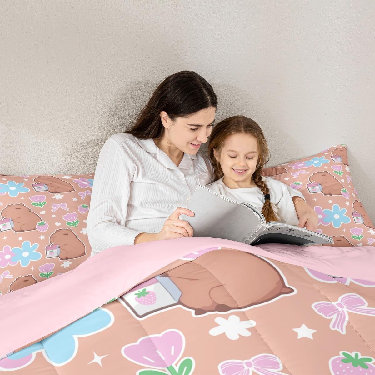 Erosebridal Kawaii Capybara Twin Bedding Set for Girls, Pink Bow Comforter Set, Pink and Blue Florals Duvet Insert, Strawberry Comforter with 1 Pillowcase for Kids Women Teens Capybara Room Decor