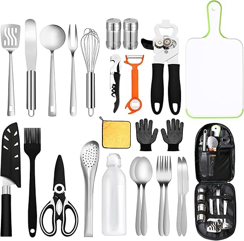 AOFUXTI Juego de utensilios de cocina para camping, 25 piezas, equipo de cocina de campamento, accesorios compactos y portátiles, perfectos para