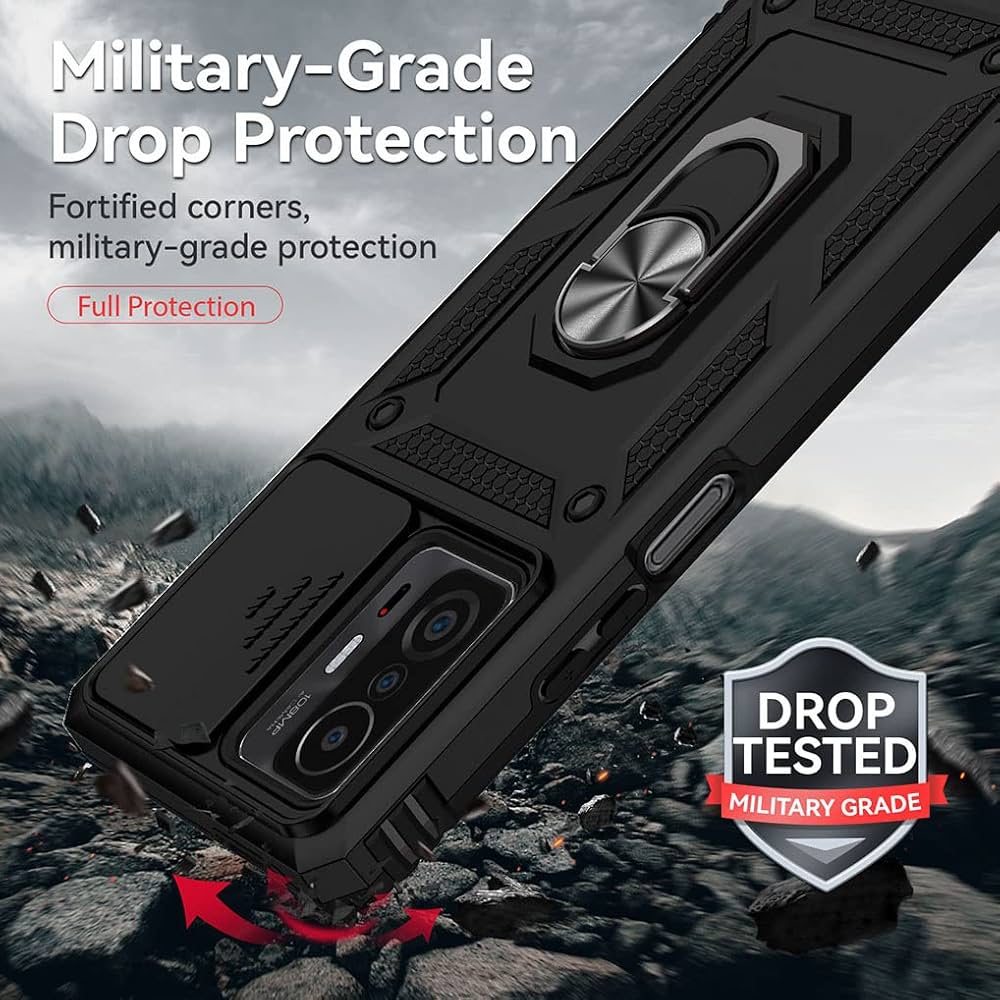 HAOYE Cover per Xiaomi 11T Pro 5G / Xiaomi 11T 5G, Scorrevole [Protezione Fotocamera] Custodia con 360° Anello Supporto Kickstand, Rugged Silicone PC + TPU Bumper Armor Antiurto Cover, Argento
