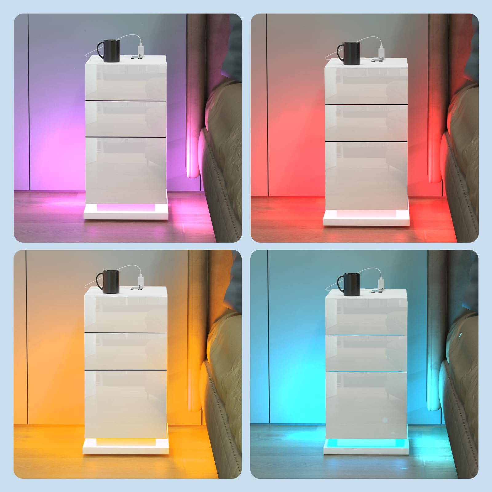 Nachttisch Schmal Weiß, Led Nachttischh für Schlafzimmer, Beistelltisch mit 3 Schubladen,16 Farben LED Nachttisch,Wohnzimmer, Schlafzimmer, Arbeitszimmer 50x30x63 cm
