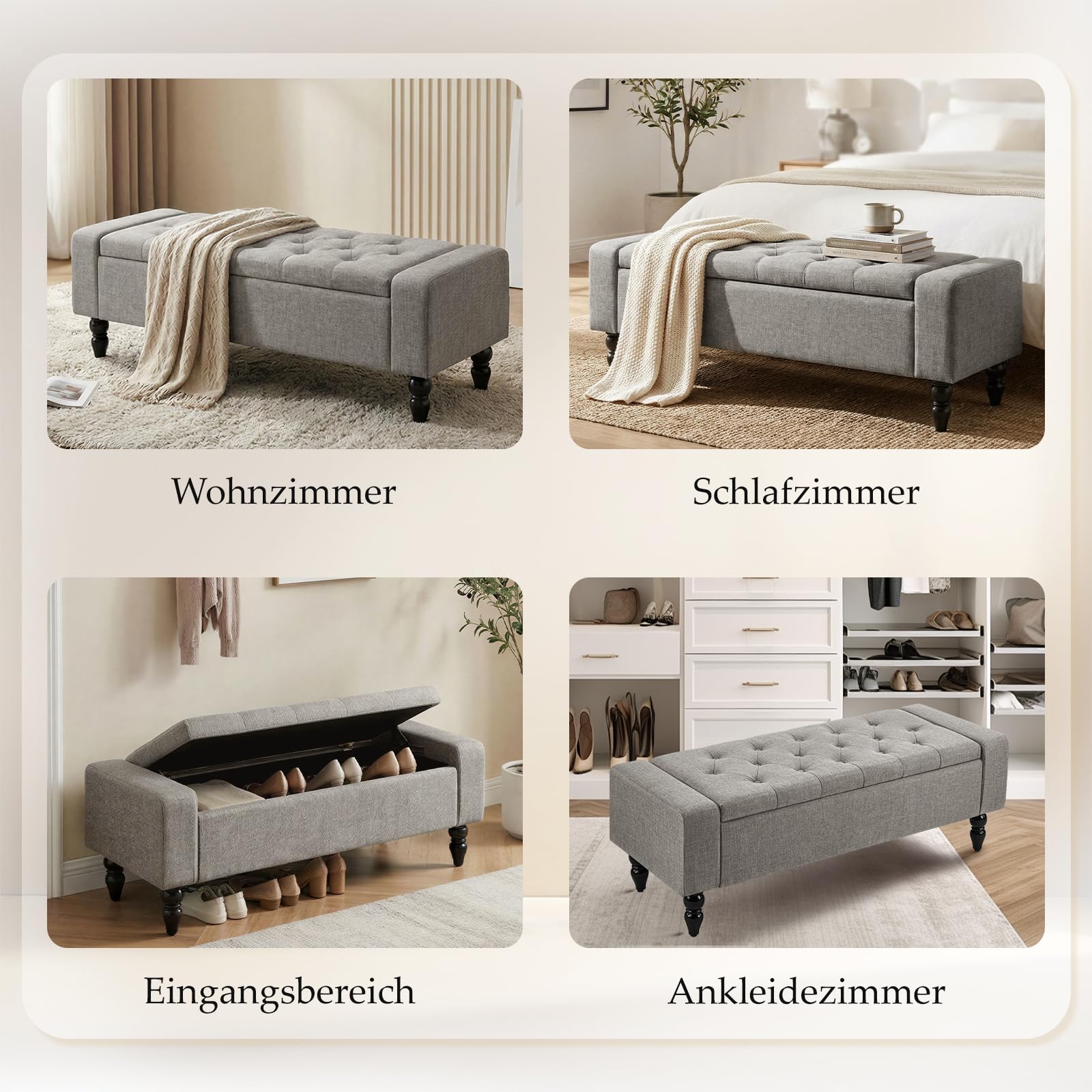 Hellove Sitzbank mit Stauraum & Polster – Multifunktionale Aufbewahrungsbank als Truhenbank, Sitzhocker & Ottomane für Wohnzimmer, Flur, Schlafzimmer, stilvolle Sitzbank mit großem Staufach, Grau