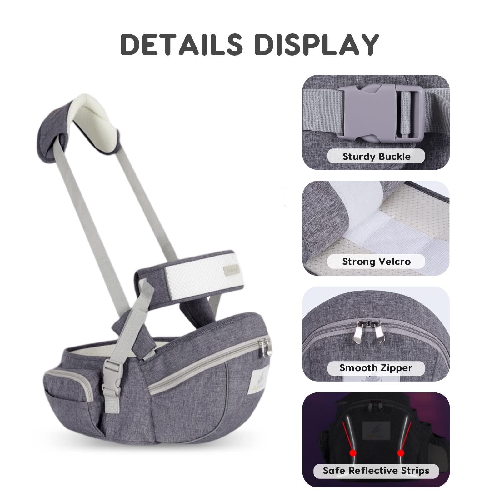 SONARIN Multifuncional Portabebé Asiento de Cadera,Portador de Bebé Ergonómico Taburete de Cintura con Cinturón de Seguridad & Correa de Hombro para Bebé Niño Pequeño 0-24 Meses(Gris)