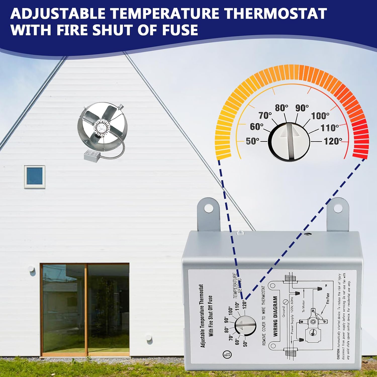 Hiorucet 58034 Attic Fan Thermostat Control with Fire Shut Off Fuse, Replacement Thermostat with Adjustable Temperature Finger Dial Switch, Temperature Control Switch for Attic Fan, 2 Piece