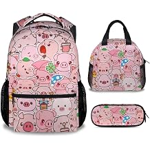 UNIKITTY Pig Backpack with Lunch Box, Set of 3 School Backpacks Matching Combo, Cute Pink Bookbag and Pencil Case Bundle