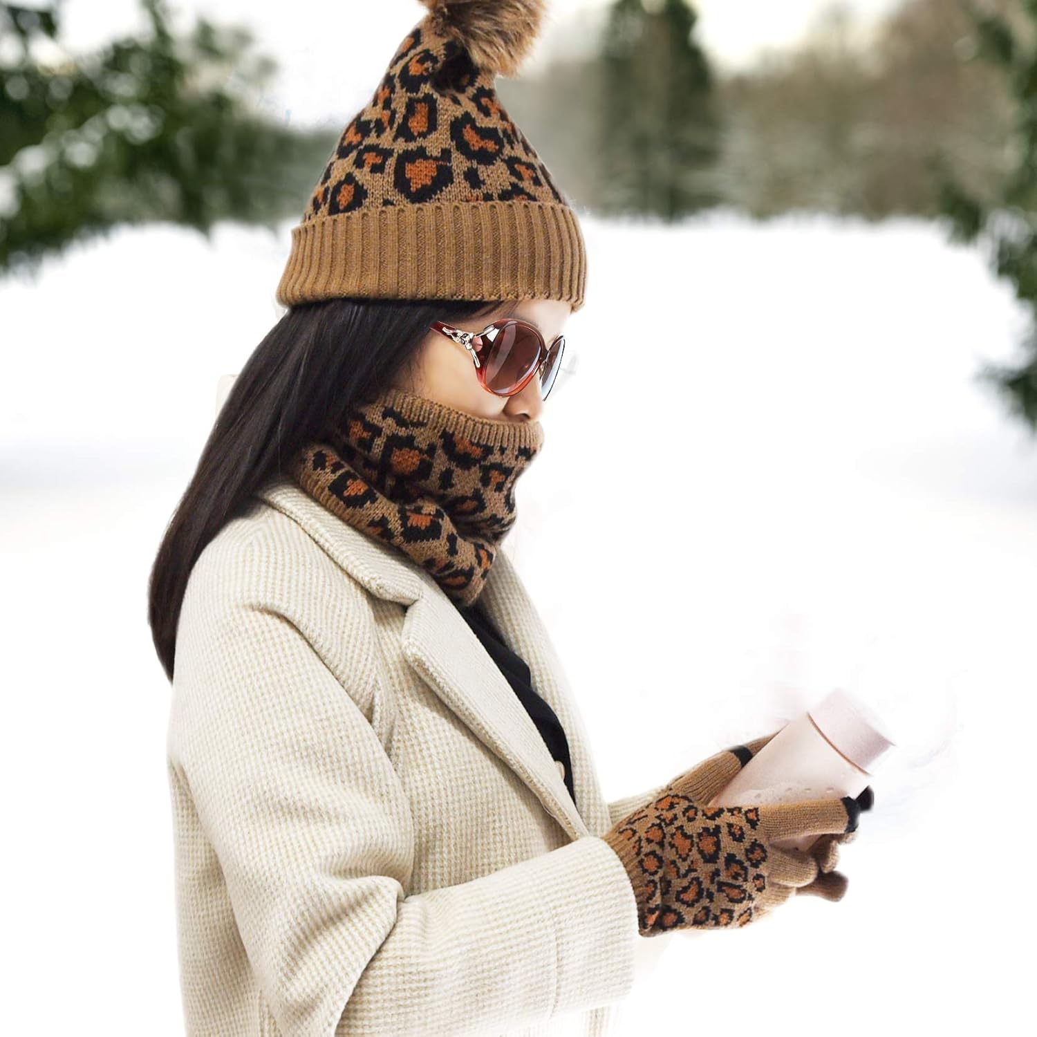 3 Pcs Leopard Print Winter Hat Gloves Scraf with Knit Plush Lined Set for Women and Teenagers - Image 6