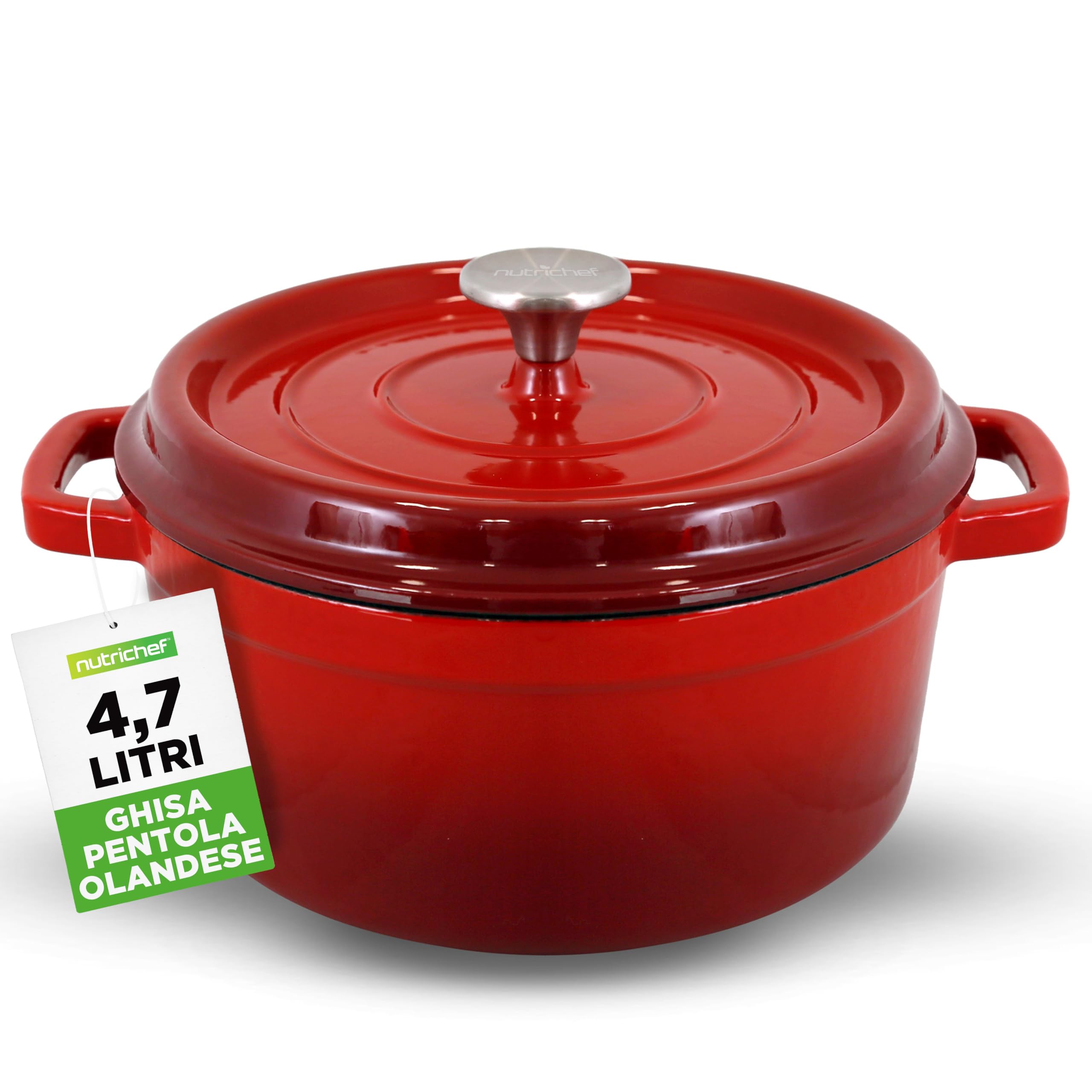 NutriChef Casseruola in Ghisa da 5 Litri, Forno Olandese Antiaderente in Rivestimento Smaltato con Coperchio, Rotonda Cocotte per Cuocere con Ricette, Adatta a Piani di Cottura e Forni a Induzione