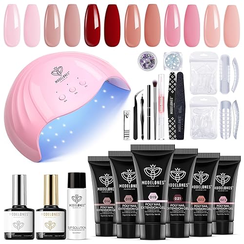 Modelones - Kit de uñas de gel de extensión, 6 colores con lámpara de uñas de 48W, solución deslizante, diamantes de imitación, kit todo en uno,