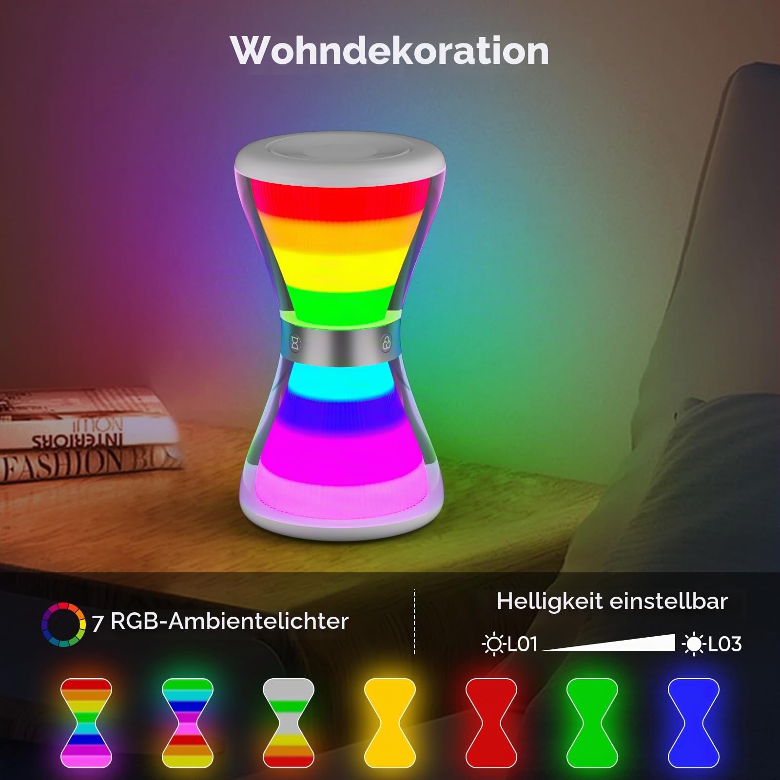 AFEXOA Digital Wecker mit Licht,Sanduhrform Tischuhr mit Snooze,Timer 5-90min,Dimmbar Nachtlicht,Geschenk für Mädchen Frauen Kinder Tageslichtwecker mit Regenbogen Stimmungslicht für Schlafzimmer