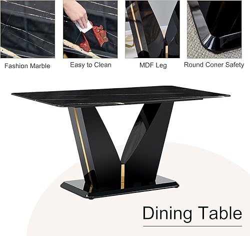 Miniatura 6 de Juego de mesa de comedor de mármol para 6, 7 piezas, juego de mesa de comedor rectangular moderna de 63 pulgadas para 6, juego de comedor de 6 Mesa