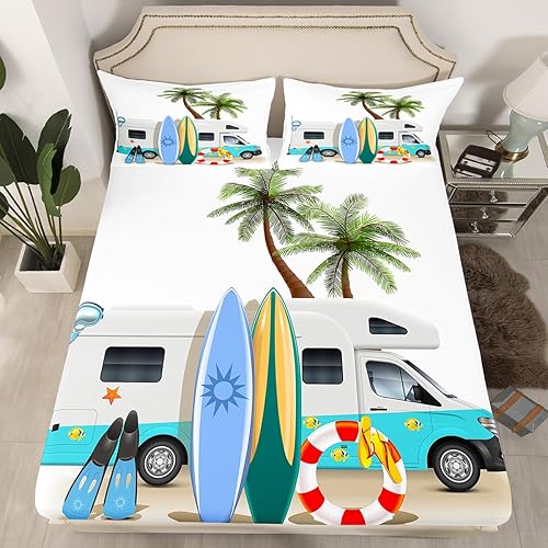 Erosebridal Ocean Beach - Juego de sábanas bajeras de tamaño matrimonial, juego de ropa de cama de autobús con tabla de surf de dibujos animados,