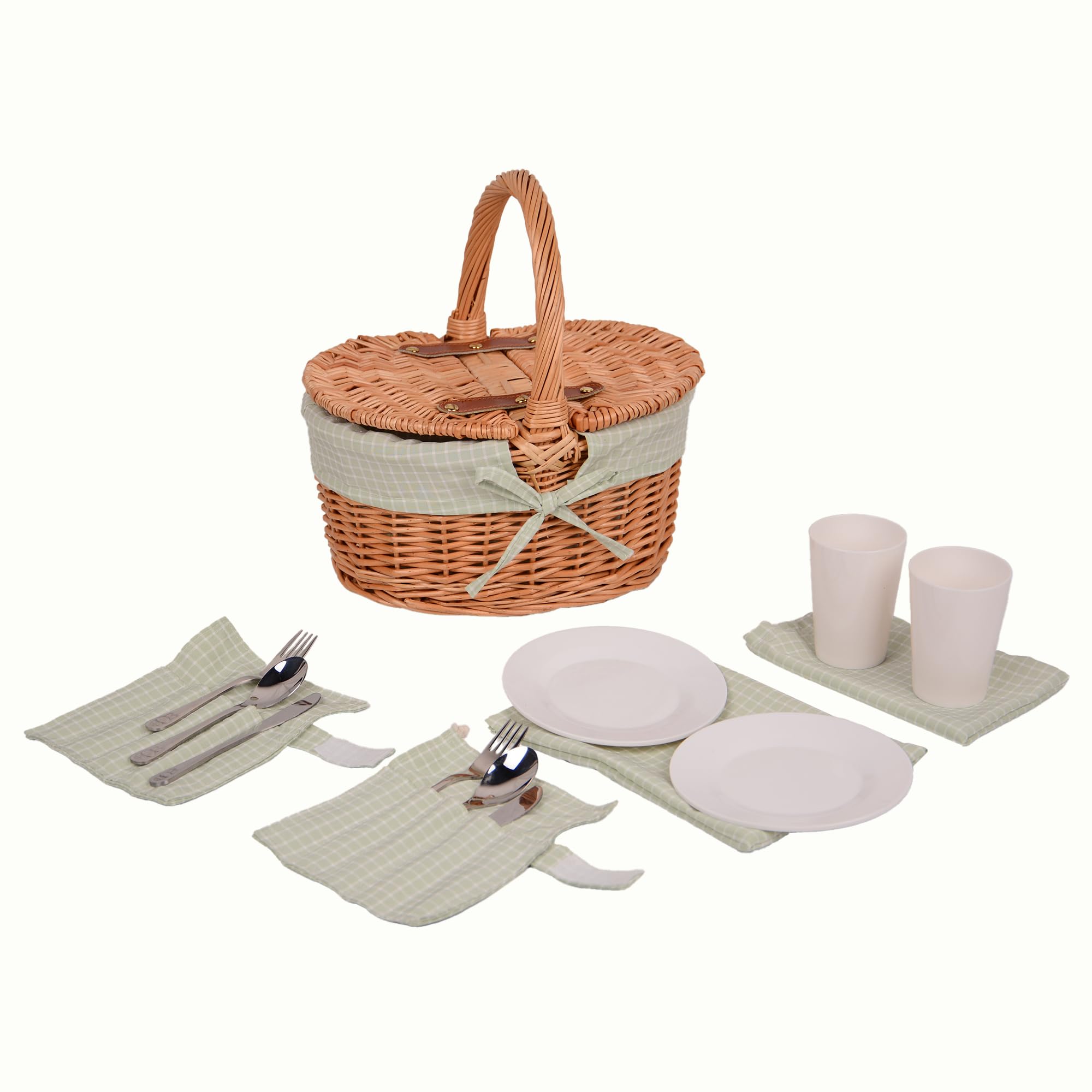 Cestino da picnic per bambini ovale con attrezzatura per 2 persone verde
