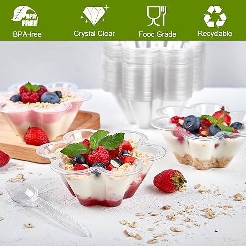 Miniatura 3 de Qeirudu Vasos de postre de 8 onzas con cucharas, paquete de 100 cuencos de helado en forma de flor de plástico para fiestas, para helado, parfait,