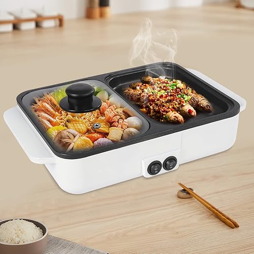 Olla eléctrica con parrilla, 2 en 1 antiadherente para interiores Shabu Shabu Shabu y sartén, mini olla caliente portátil coreana barbacoa con