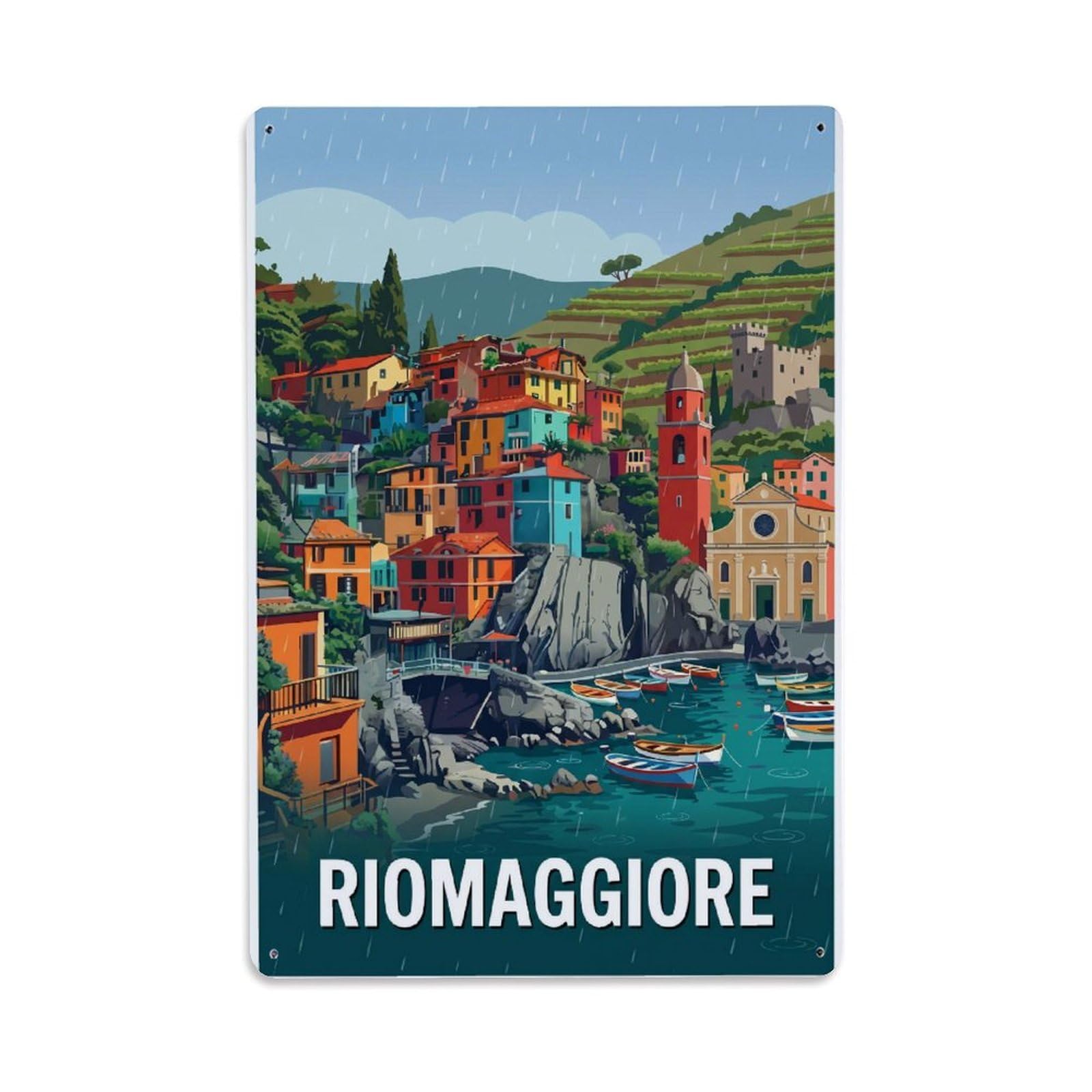 Huiyhb 8X12inch(20X30cm) Vintage Travel Riomaggiore Italy Rainy Metal Tin Sign