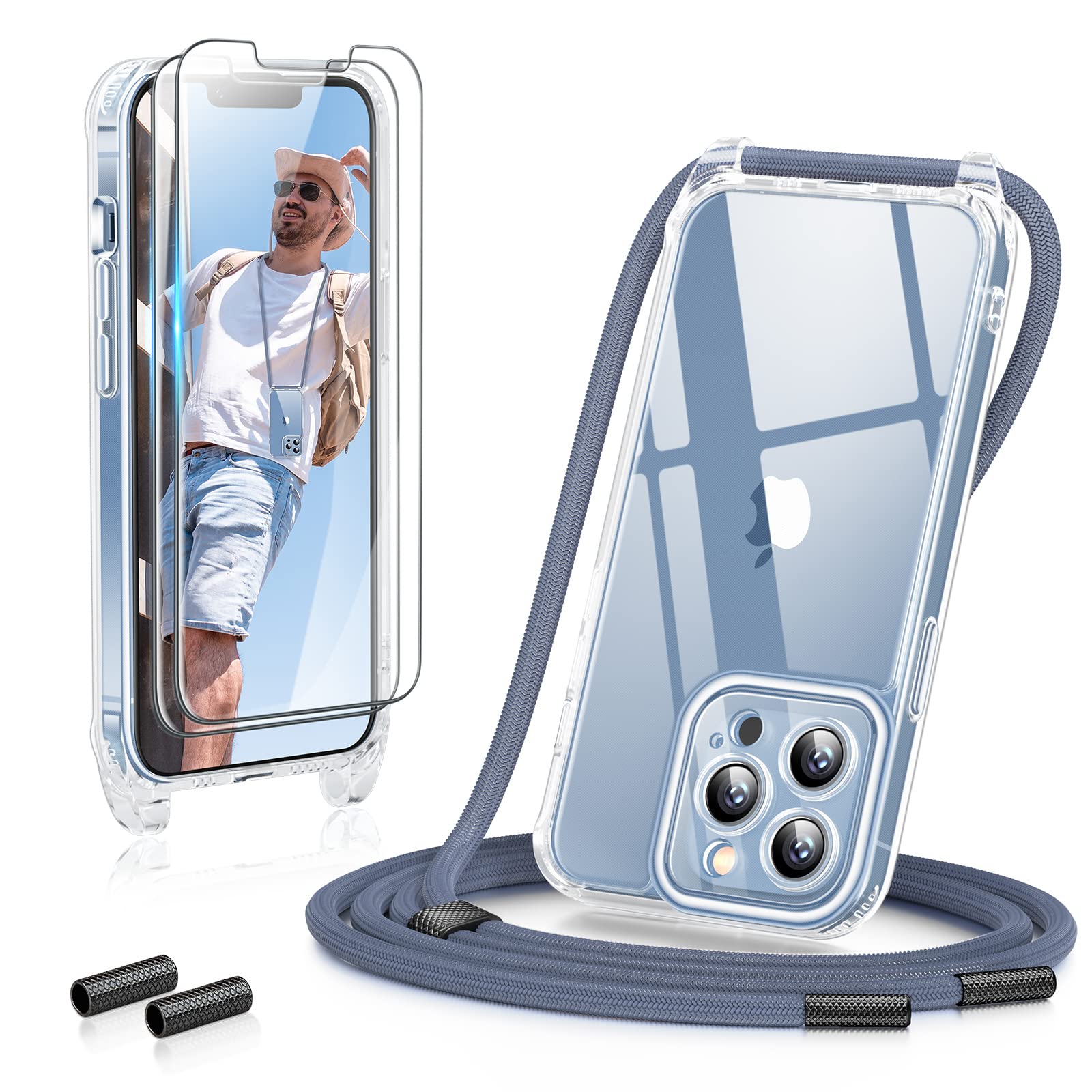 GOODVISH Cover Trasparente con Cordino per iPhone 13 Pro Max 6.7'', con 2 Pellicola Vetro Temperato, Custodia con Regolabile Laccio Tracolla, [Antiurto] [AntiGraffio] Case con Collana, Blu