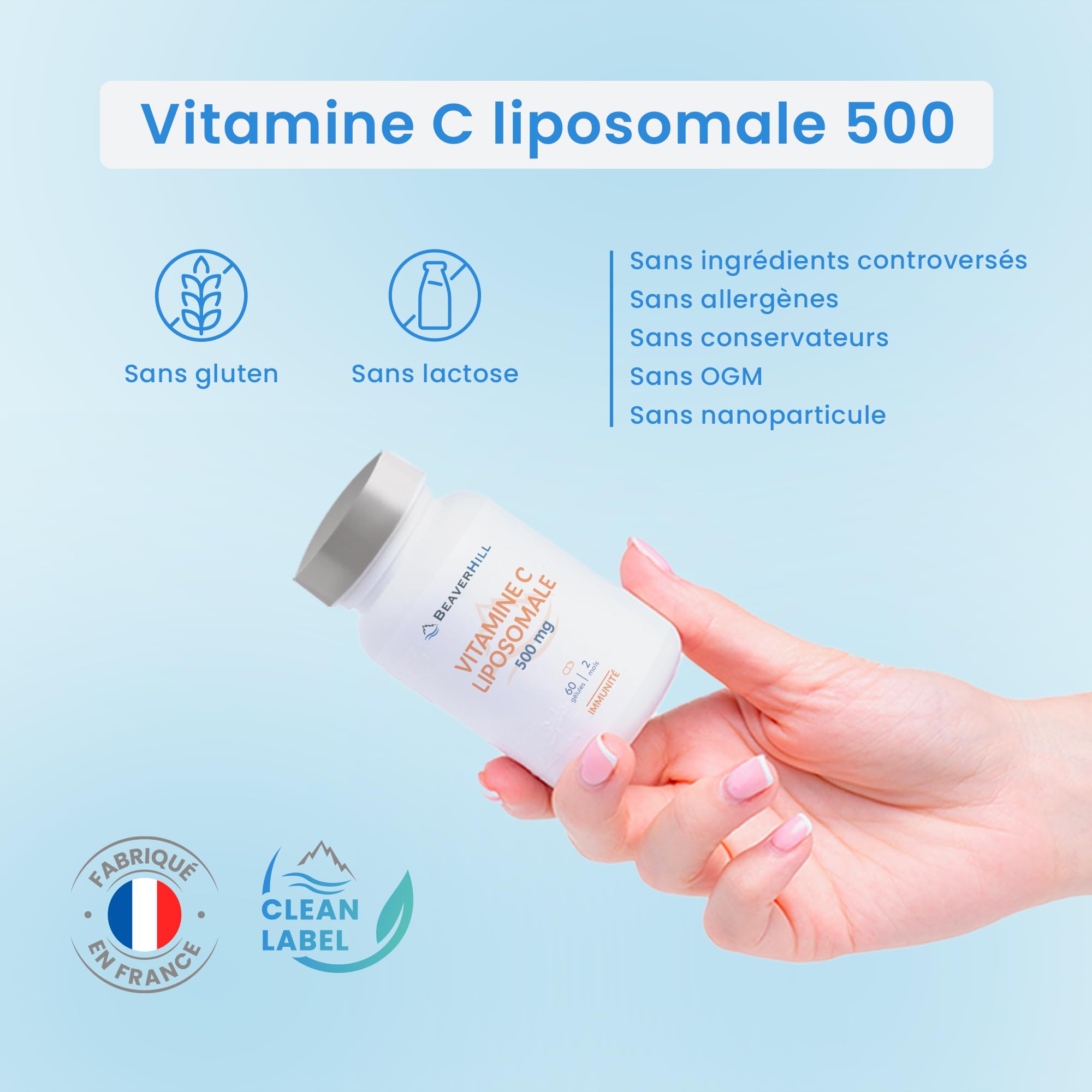 Vitamine C Liposomale 500 mg | 60 Gélules Végétales pour 2 mois | Absorption Optimale | BEAVERHILL | Fatigue - Antioxydant - Énergie - Immunité