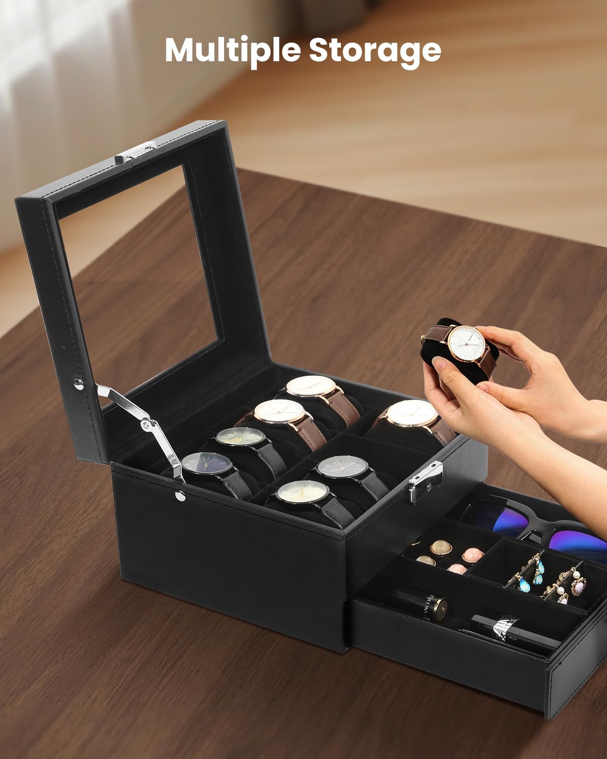Uten Boite à Montre Coffret Rangement,Boîte Présentoir Montres Avec 6 Compartiments,avec Couvercle En Verre Noir, - Achat/vente Boite A Montre Mixte Adulte Noir