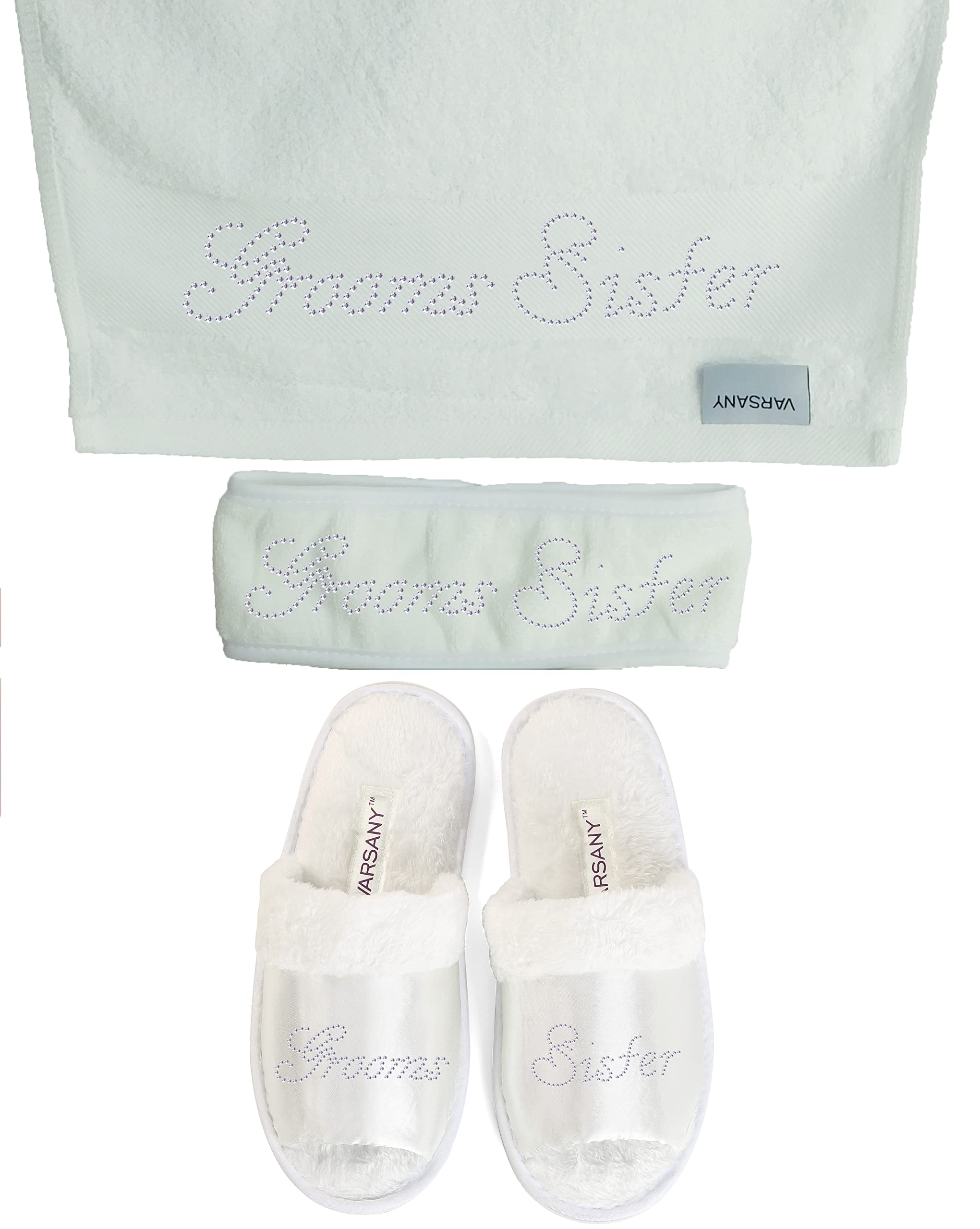 Varsany Grooms Sister Crystalsrus Spa Rhinestone Bridal Slippers+Hand Towel+Headband Honeymoon Hen Party Gift (3)
