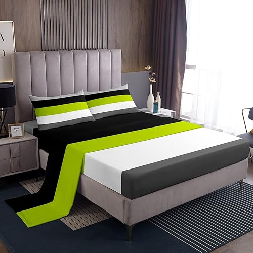 Erosebridal Juego de ropa de cama geométrica verde, negro y gris, tamaño matrimonial, moderno, de retazos, a rayas, para niños y adolescentes,