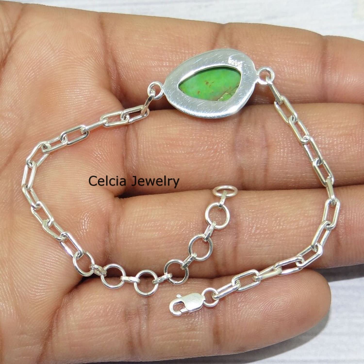 Pulsera de plata de ley 925 maciza para mujeres y niñas, pulsera de turquesa de cobre verde, pulsera artesanal única de piedras preciosas para ella o él