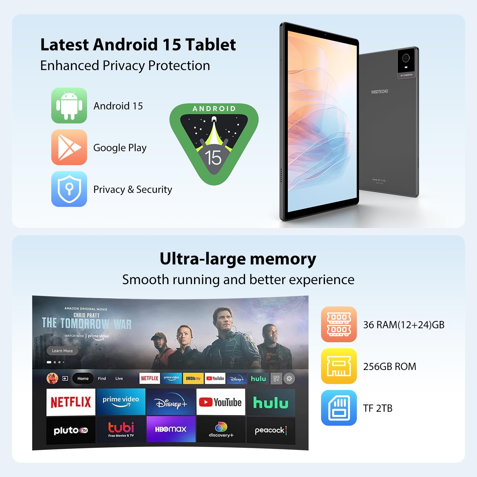 WISDTECHO Tablet 10.4 Pollici con Tastiera, Android 15 Tablet con 36GB RAM+256GB ROM(TF 1TB), 5G WiFi, IPS 2K HD, 8000mAh, Octa-Core, 13MP+8MP, Bluetooth 5.0, Tablets in offerta e Mouse,Custodia, Nero