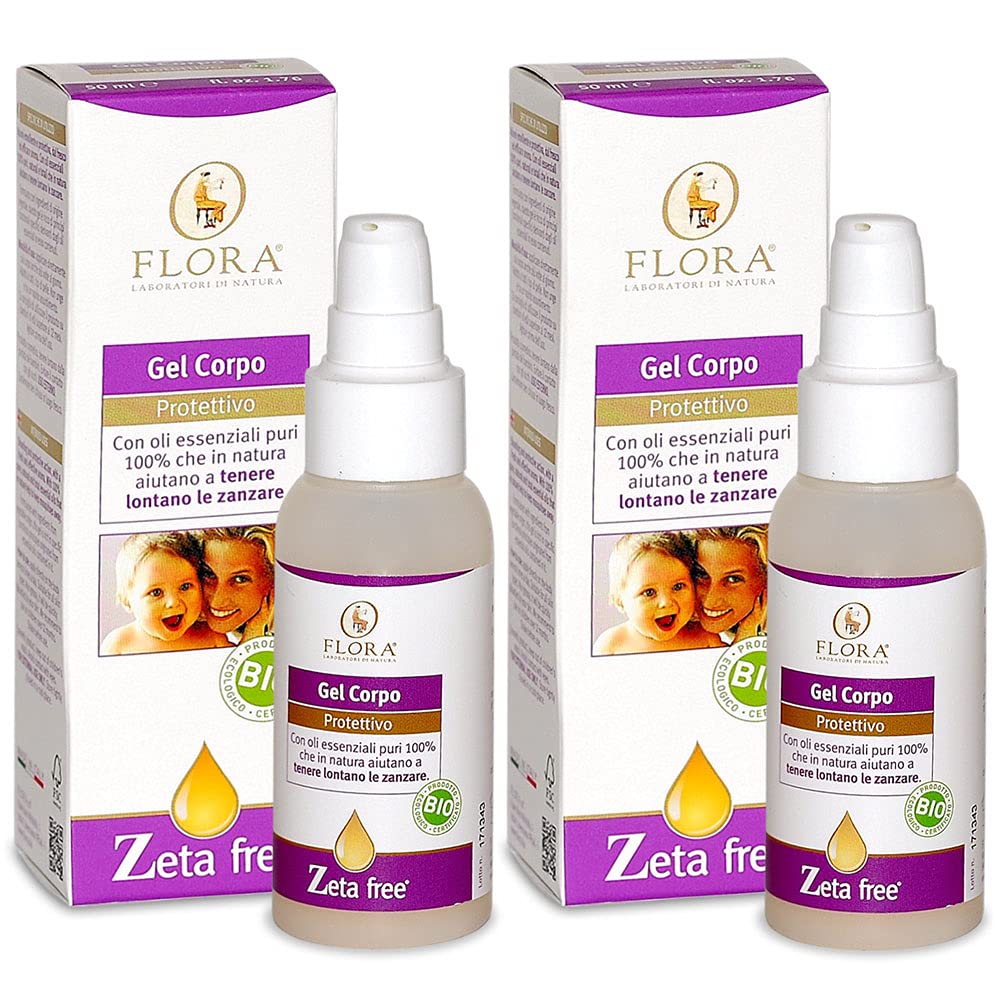 2x Flora - Zeta Free Gel Corpo - 50 ml - Anti Zanzare, Emolliente, Protettivo e rinfrescante, adatto anche a pelli sensibili, Con oli essenziali 100% puri