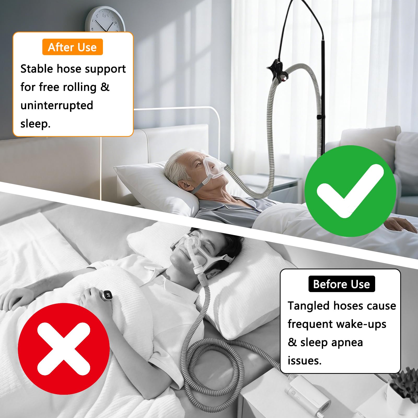 CPAP uchwyt na wąż i podnośnik do węża, regulowany, 40-120 cm, z regulacją wysokości CPAP z zaciskiem obrotowym o 360° i taśmą na rzep, wsparcie węża, zapobiega wyciekom i plątaniu się