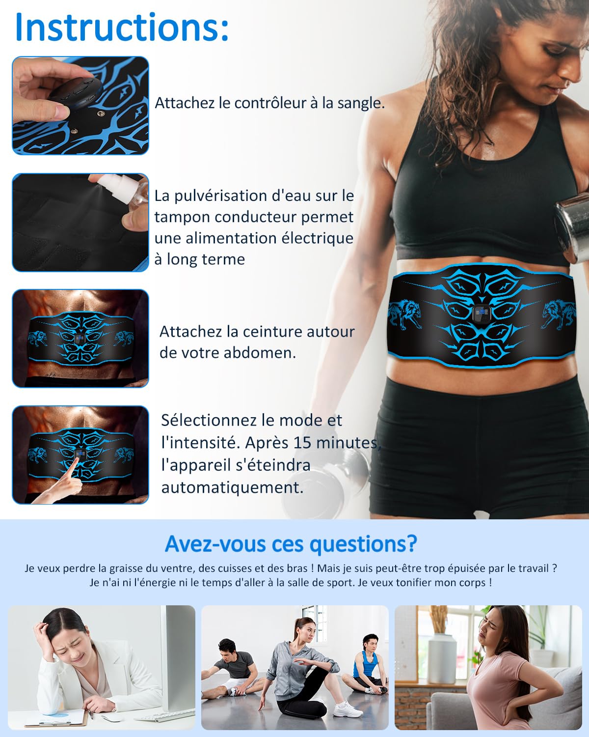 Stimulateur Musculaire Electrique – Ceinture Abdominale Electrostimulation lavable , 8 modes, 30 niveaux, appareil de fitness portable rechargeable, Convient pour la maison, le bureau , Homme Femme