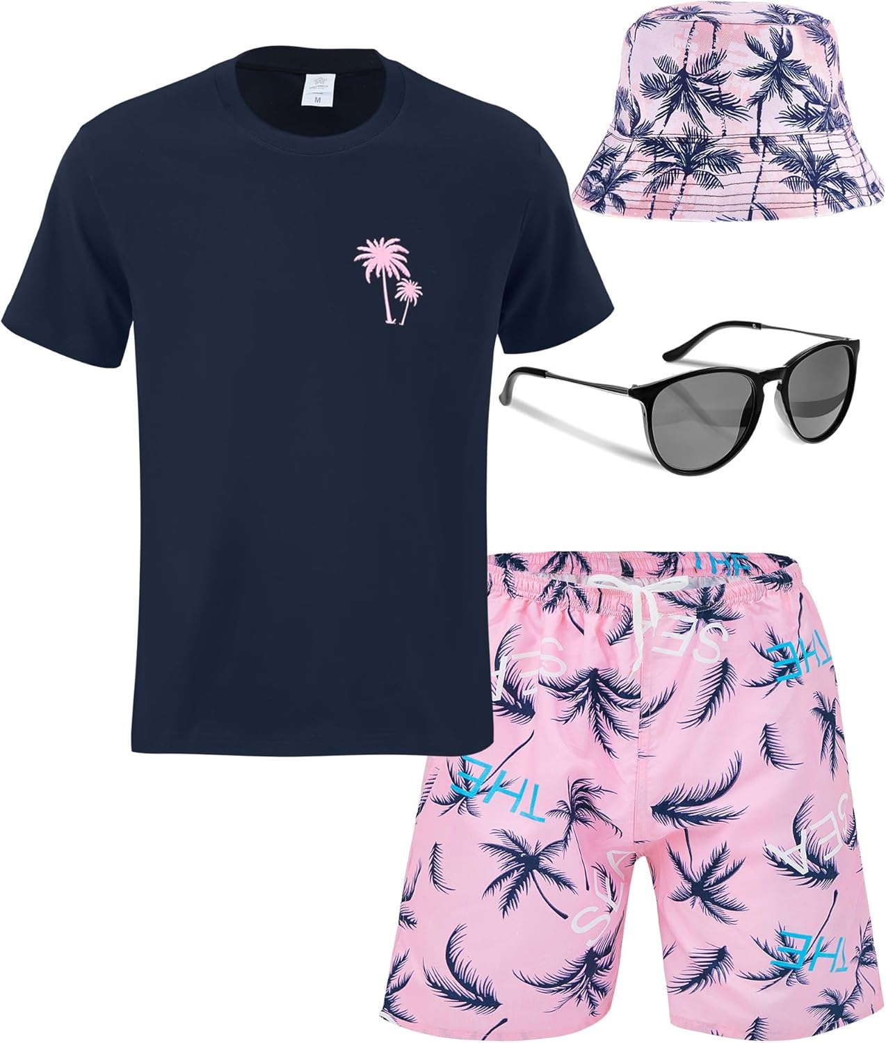4 Pcs Men’s Hawaiian Outfit Shirt and Short Set Summer Coconut Tree Tracksuit Drawstring Short Bucket Hat Sunglasses